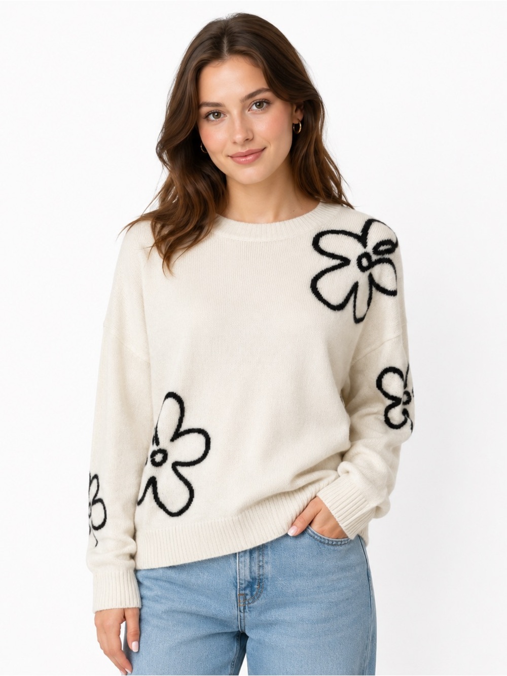 Cynthia Rowley 100% Cashmere Cream Sweater with Floral Design size M
